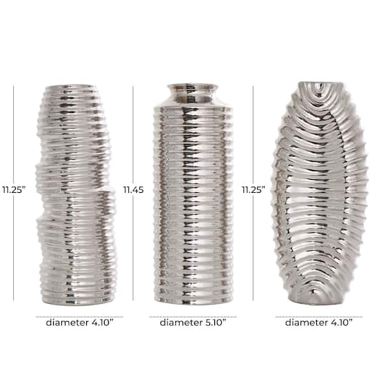Silver Ceramic Dimensional Ribbed Vase Set